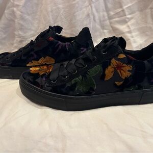 Ara Black Velvet Floral Lace-Up Sneakers with Yellow & Green Accents